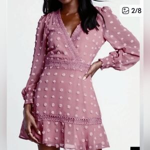 Lulus Might Be Magic Pink Clip Dot Lace Long Sleeve Ruffle Mini Dress Small NWT